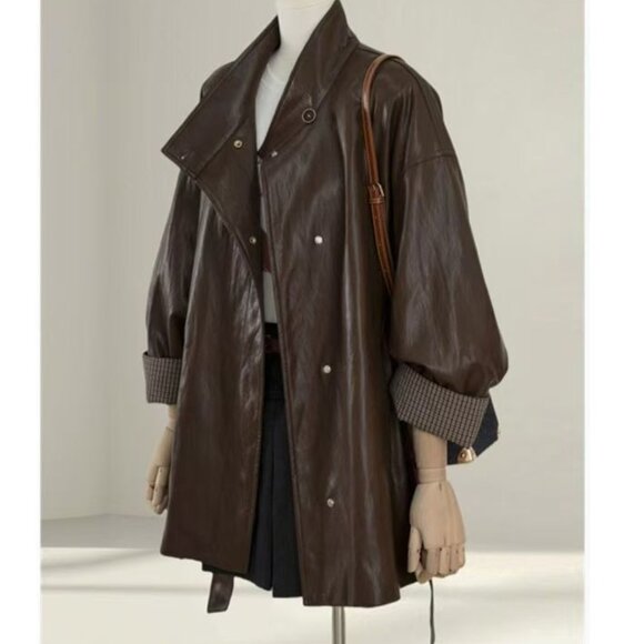 Brown PU Leather Jacket - Loose Fit & Flattering Drape - Picture 1 of 4